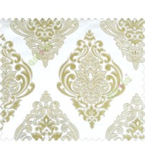 Large green beige damask with embossed look on half white cream shiny fabric main curtain